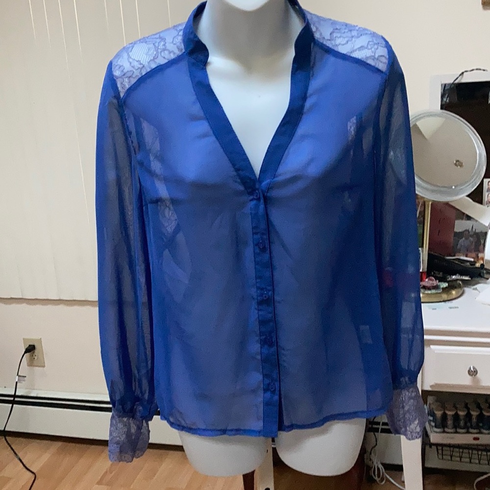 Sheer blue with lace trim blouse